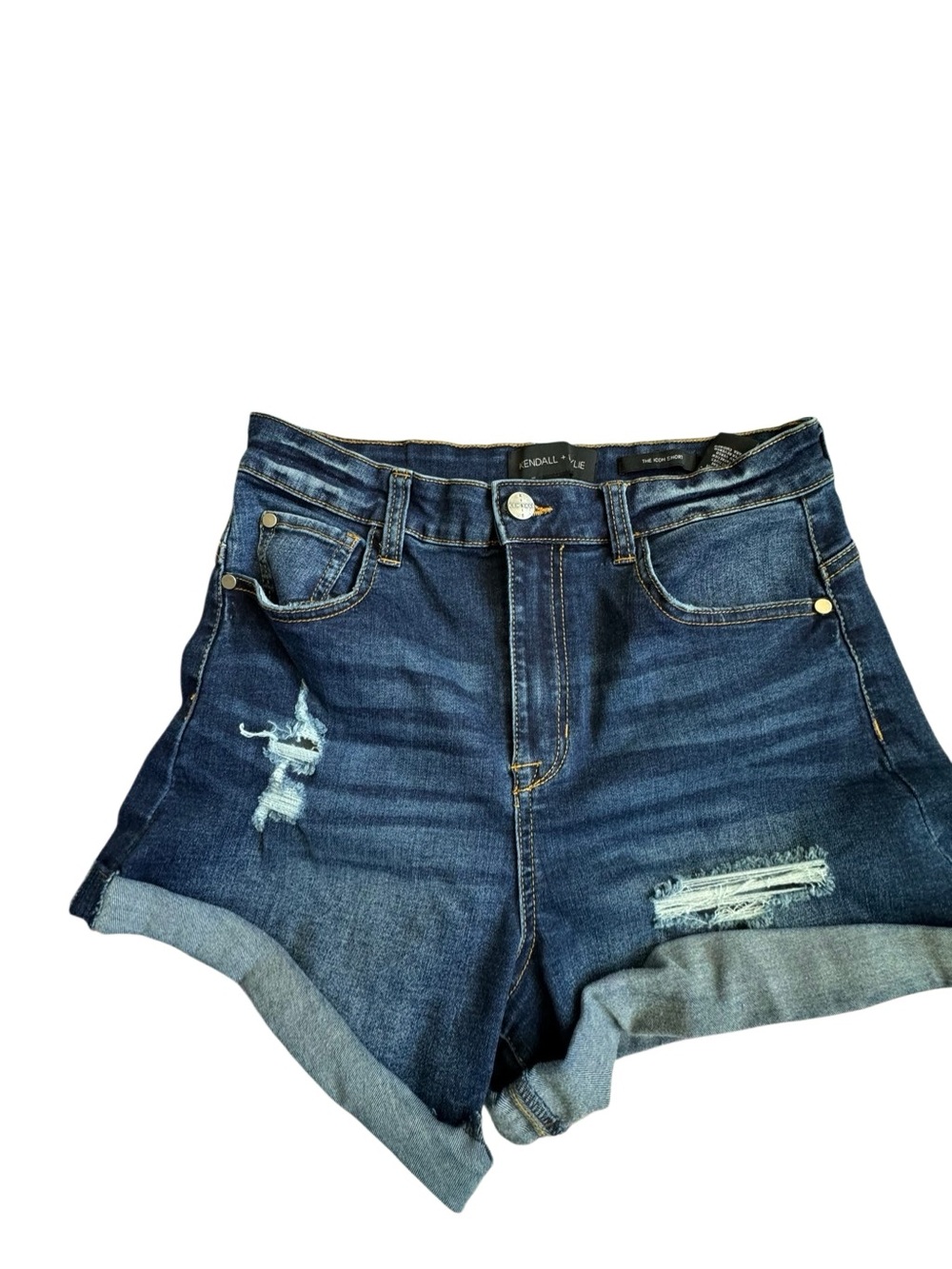 Kendall & Kylie Mid-Dark Blue High-Rise Distressed Denim Shorts Daisy Dukes 29